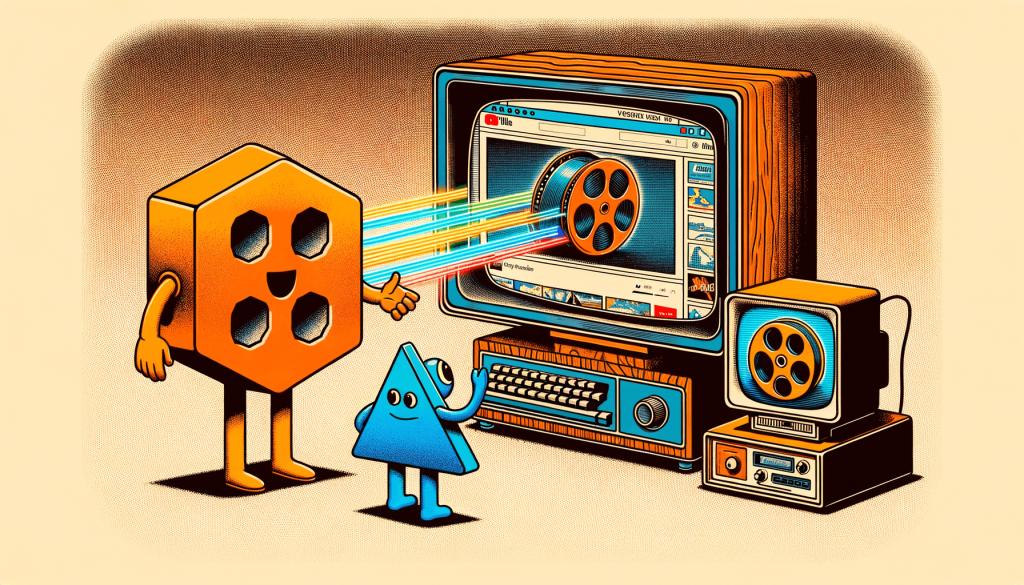 Retro illustration of two characters beaming a YouTube video page with a film reel onto a wood-cased TV set