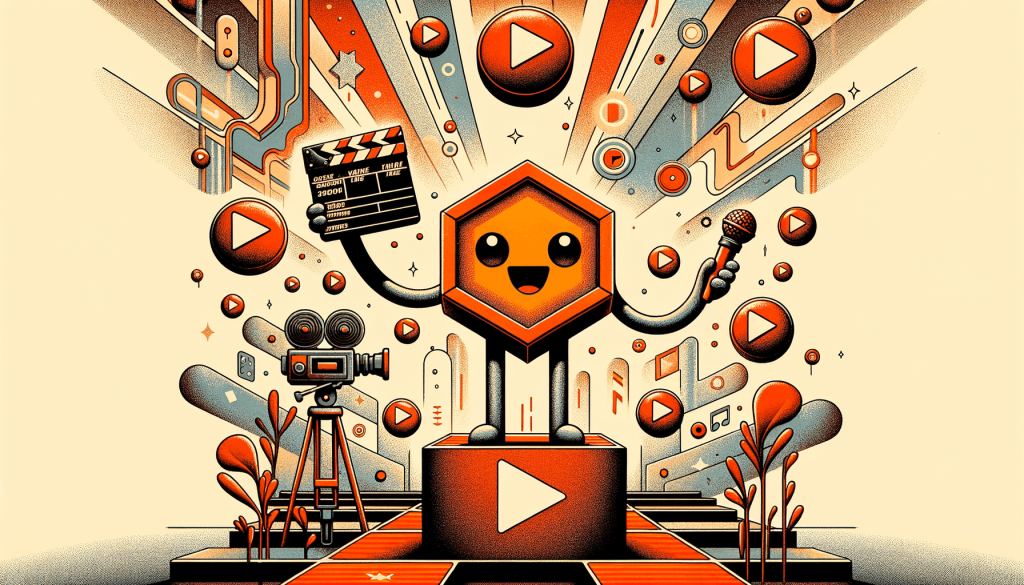 Illustration of a smiling hexagon mascot on a play-button podium holding a clapperboard and a microphone