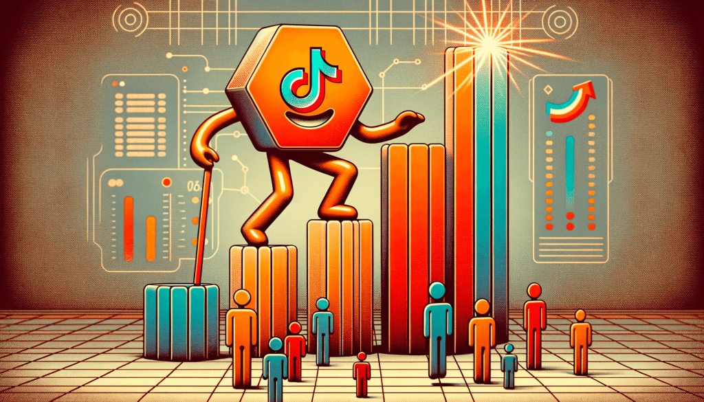 Illustration of a TikTok-logo mascot climbing a rising bar chart above small figures, with an upward arrow