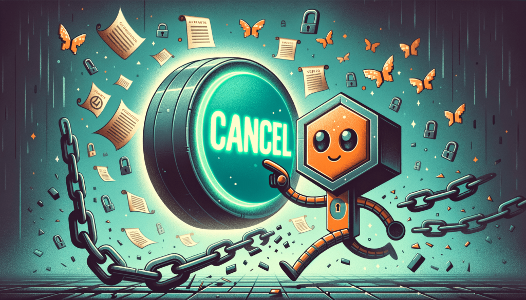 Illustration of a cartoon mascot pressing a glowing CANCEL button as chains snap and padlocks and contracts fly off