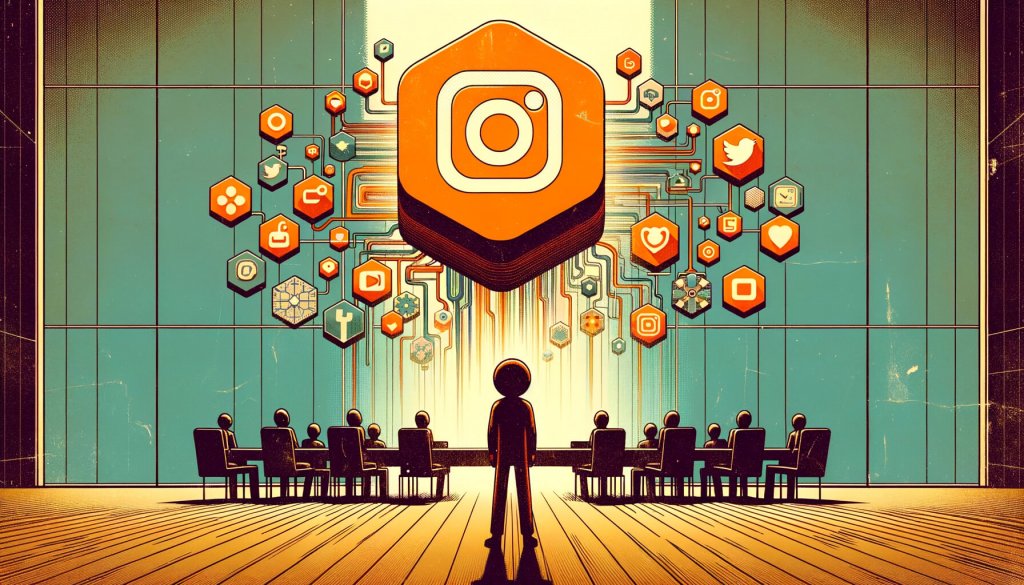 Illustration of the Instagram logo wired to other social app icons above a boardroom table and a lone figure