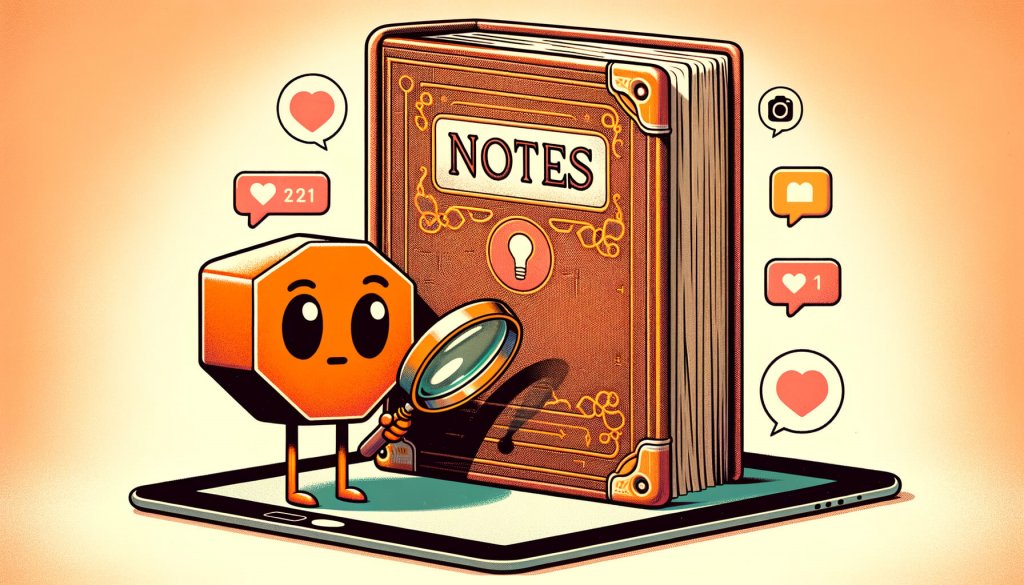Illustration of a mascot holding a magnifying glass to a large book labelled Notes standing on a tablet
