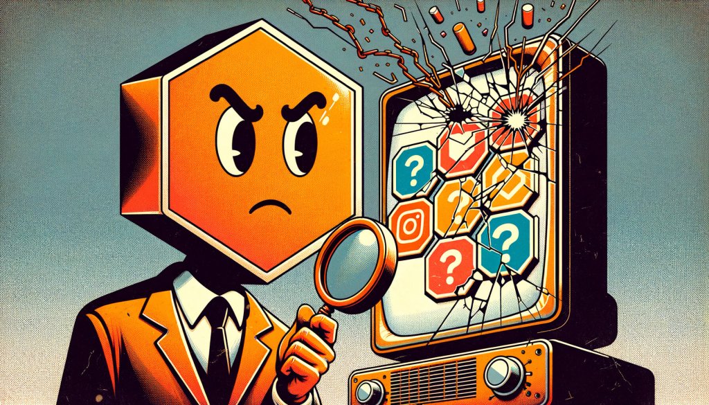 Cartoon mascot in a suit holding a magnifying glass to a cracked TV screen full of question-mark app icons