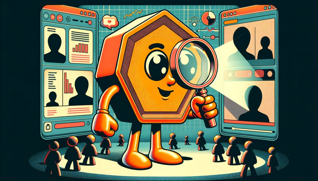 Illustration of a hexagon mascot holding a magnifying glass between phone screens of profiles, video and view stats