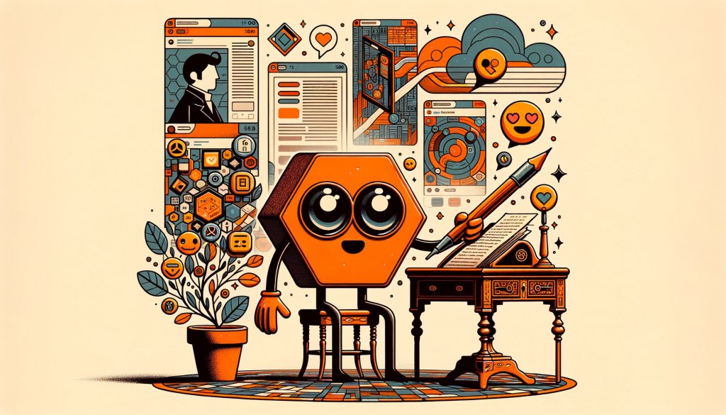 Illustration of a hexagon mascot writing at a desk beside profile screens, app icons and emoji reactions