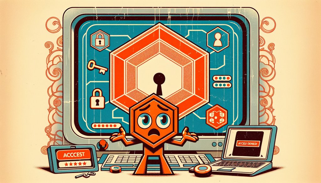 Illustration of a puzzled hexagon mascot at a locked login screen, with padlocks and a laptop reading Access Denied