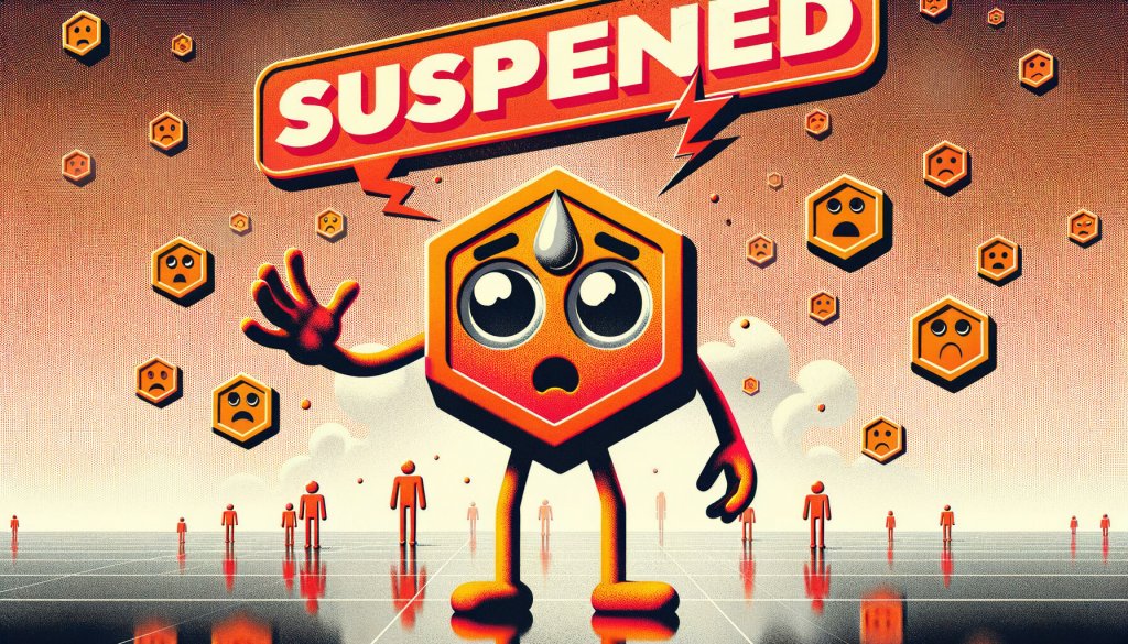 Illustration of a worried hexagon mascot under a large Suspended banner, surrounded by sad hexagon faces