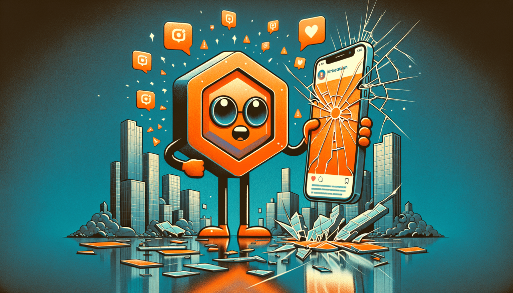 Illustration of an orange hexagon mascot holding a phone with a cracked screen showing an Instagram feed