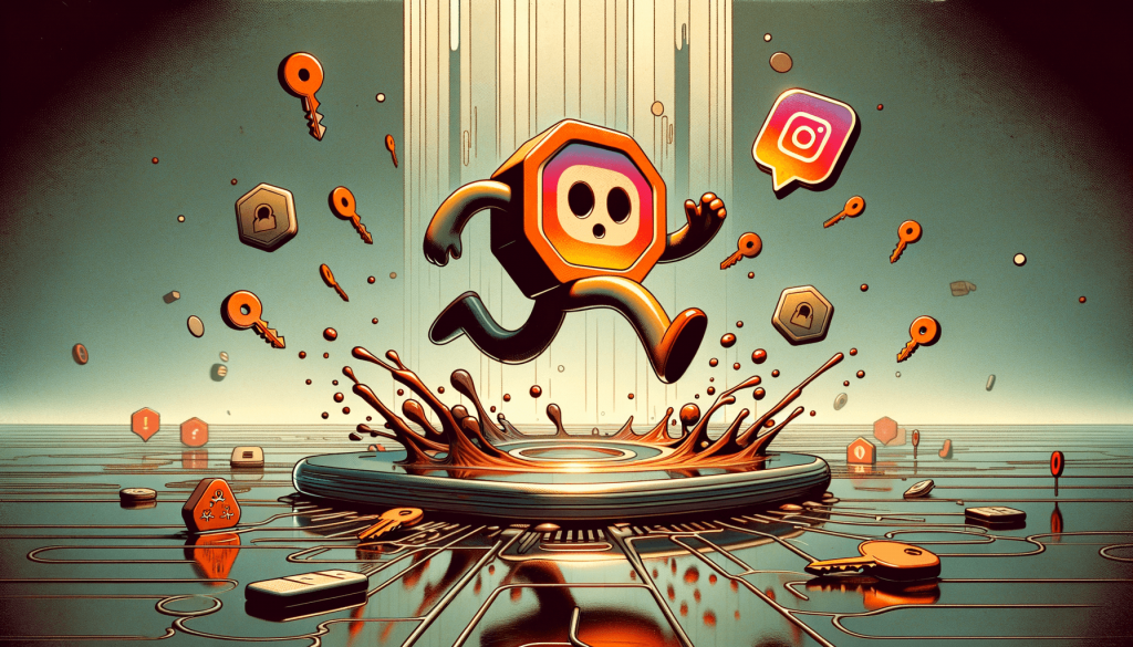 Cartoon app-icon character tumbling off a platform among floating keys and lock badges, beside an Instagram bubble