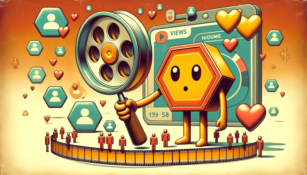 Illustration of a hexagon mascot holding a magnifying glass up to a Reels view count, hearts and viewer icons around