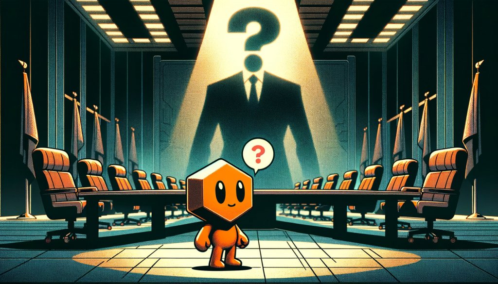 Illustration of a small mascot alone in an empty boardroom, facing the shadow of a suited figure under a question mark