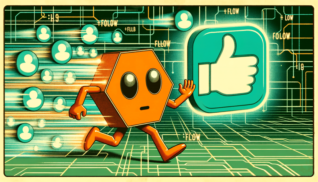 Illustration of a hexagon mascot raising a hand at a glowing follow button as profile avatars streak past