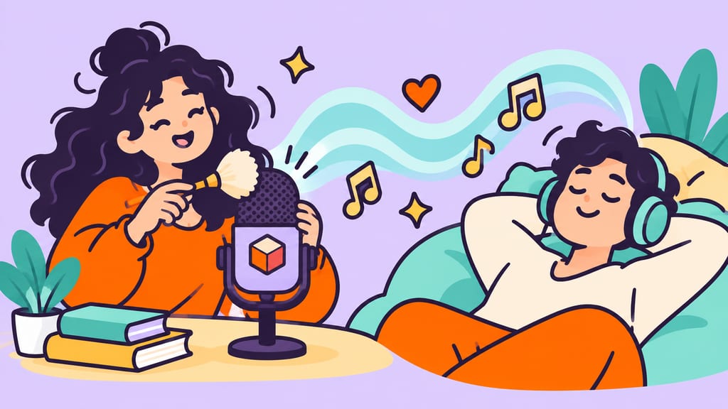 An ASMR creator brushes a microphone while a listener relaxes with headphones.