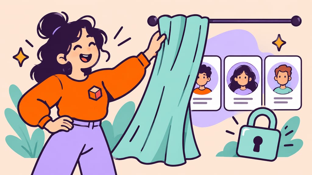 A cartoon adult draws a curtain across follower portraits to manage privacy.