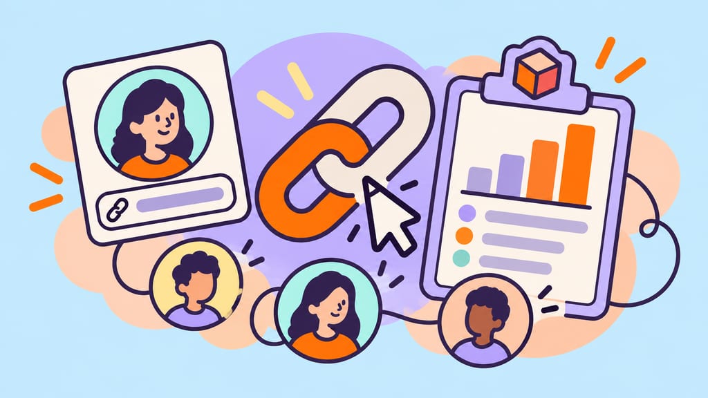 A link symbol, click cursor and aggregate chart illustrate link analytics without identifying visitors.