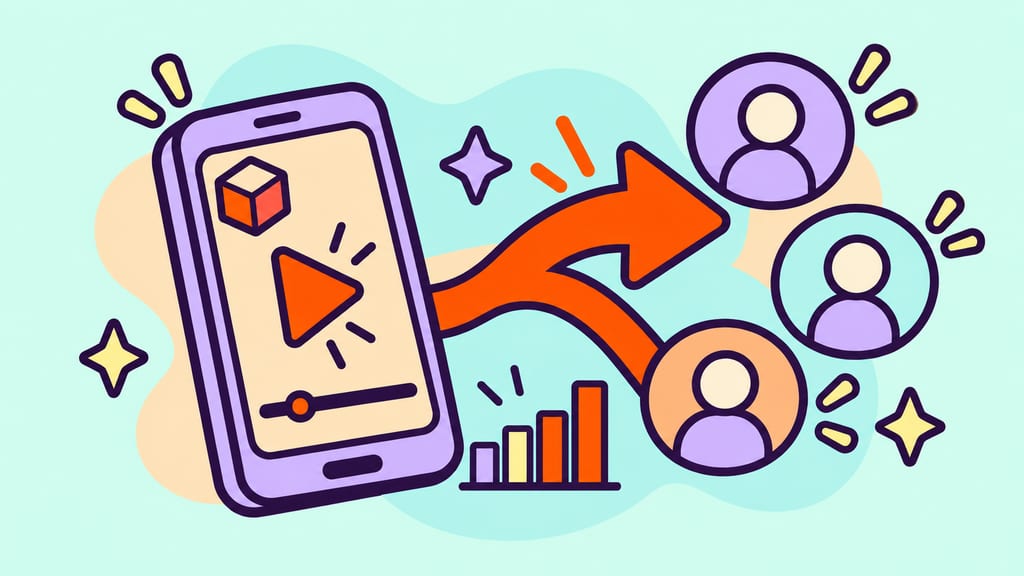 A share arrow branches from a video toward anonymous audience tokens and a small chart.
