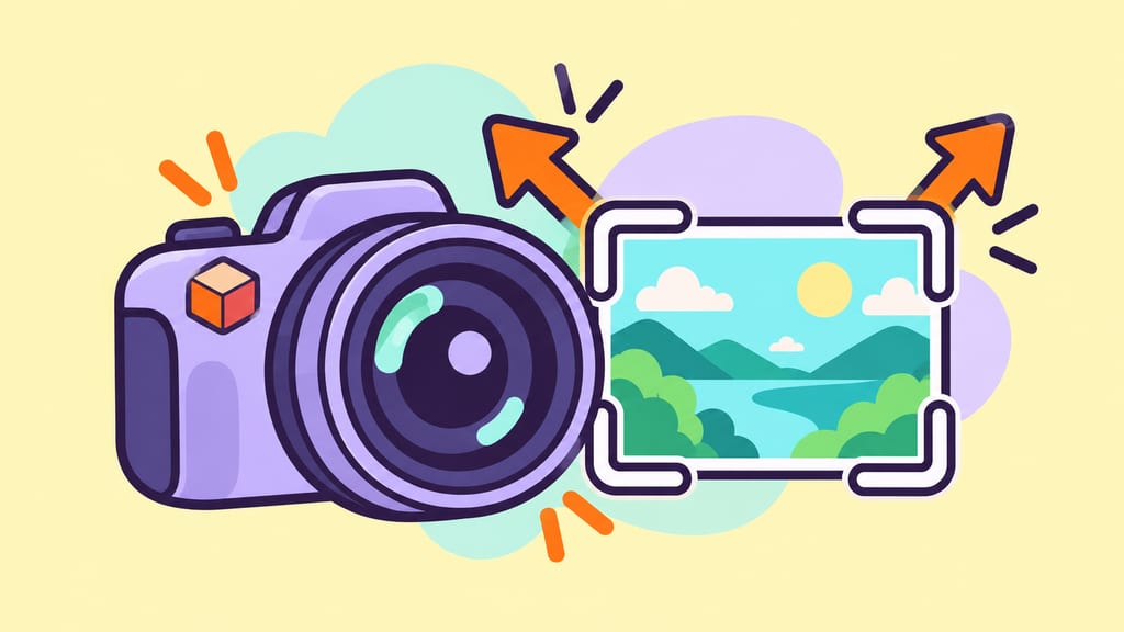 A camera lens with widening viewfinder brackets and outward zoom arrows.