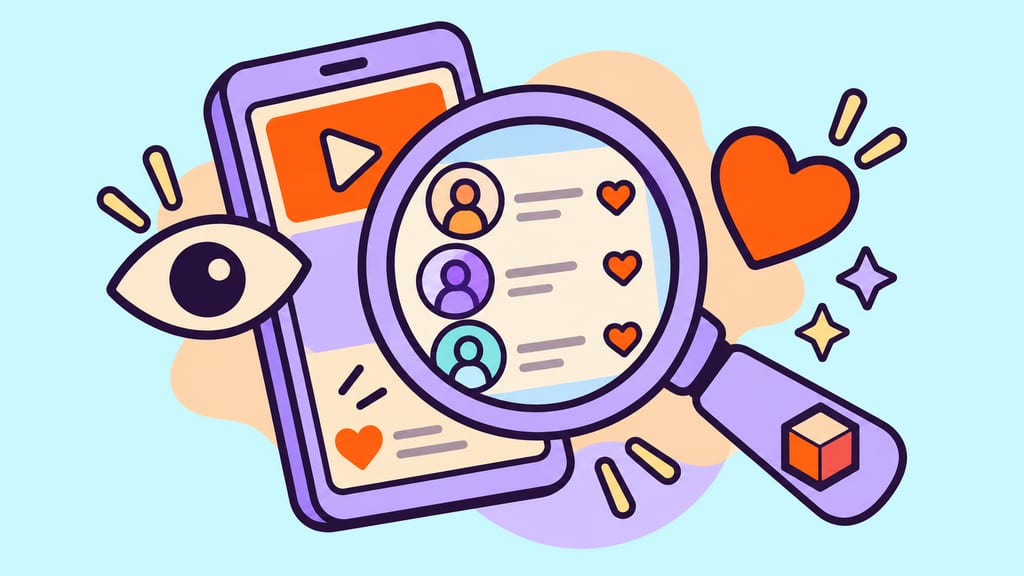 A magnifying glass reveals an audience portrait in a video card beside eye and heart symbols.