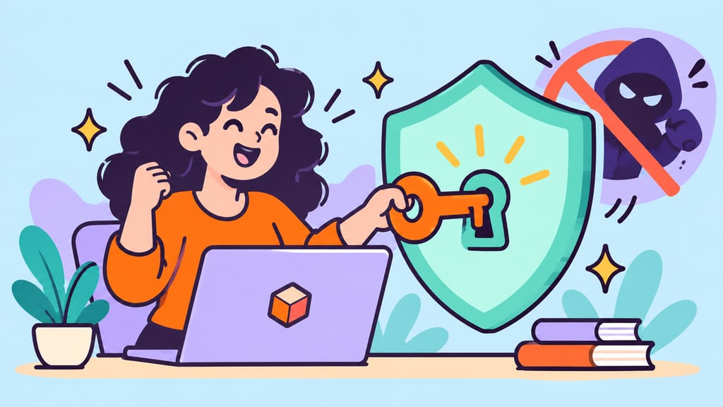 A cartoon woman uses a recovery key and shield to regain her account at a Buzzoid-branded laptop.