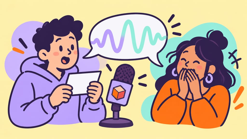 Two cartoon adults exchange a playful speech bubble and looping sound wave beside a microphone.