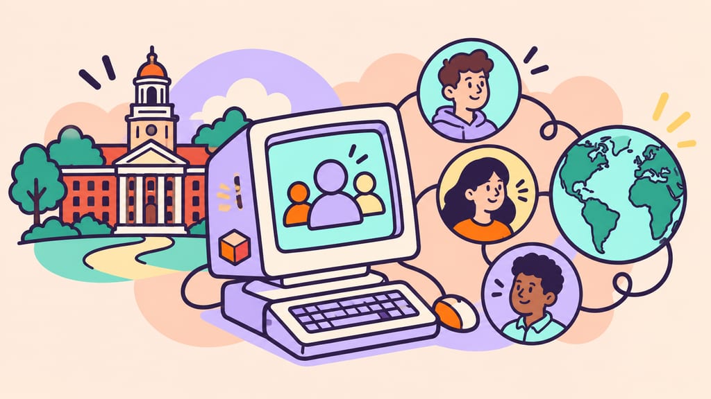 Illustrated early desktop computer linking a university campus, people and the world, with a Buzzoid emblem on its case.