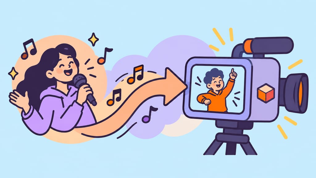 Musical notes and a microphone flow through an arrow into a video camera.