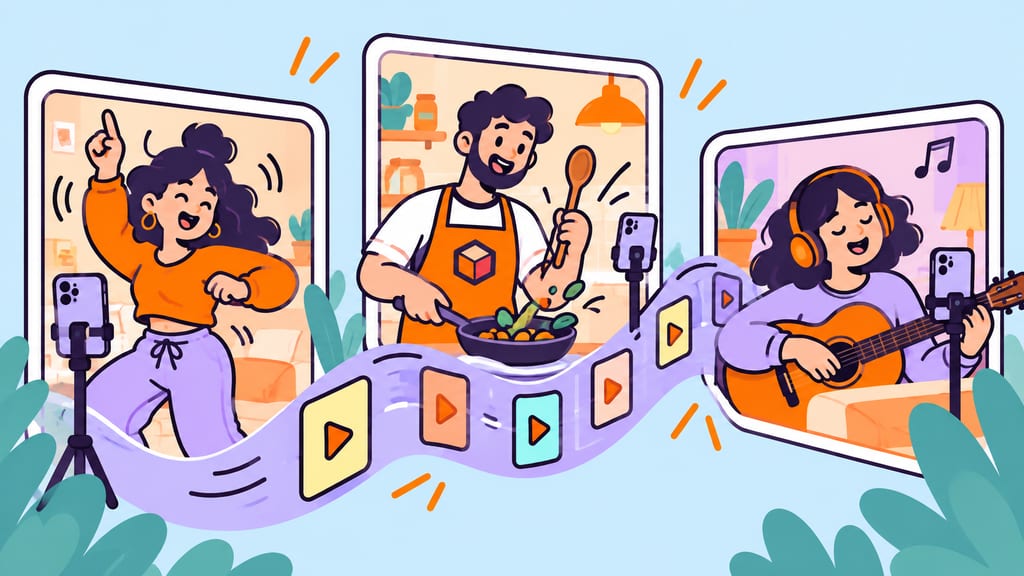 Cartoon adults record dance, cooking and music videos in connected home scenes.
