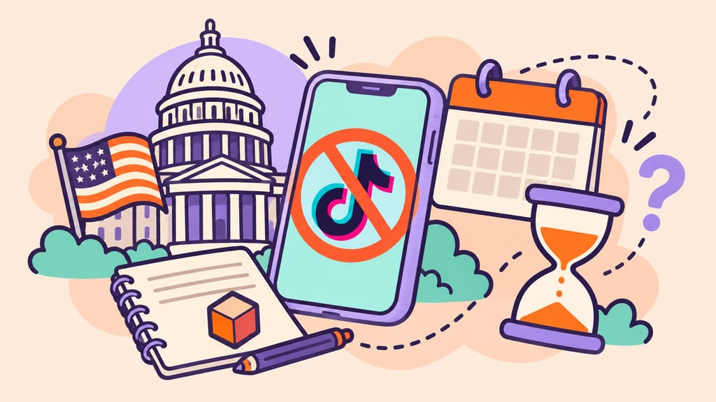 A video phone, government building, calendar and hourglass illustrate uncertainty over platform rules.