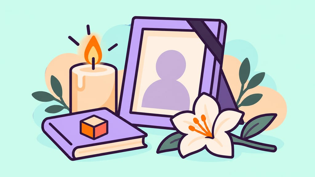 A candle, single flower and empty portrait frame form a quiet memorial still life.
