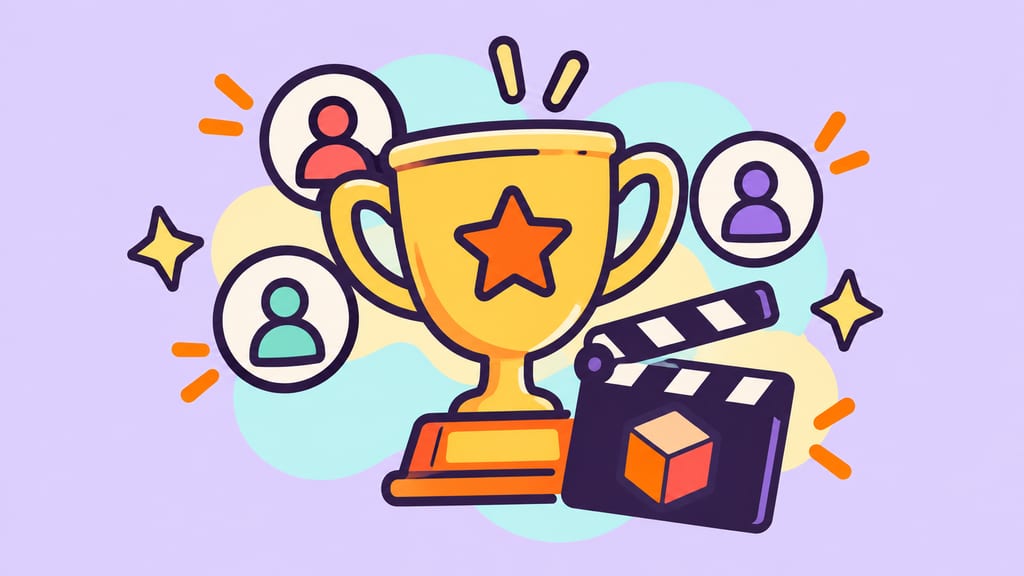 A trophy, audience tokens and clapperboard symbolize popular video creators.