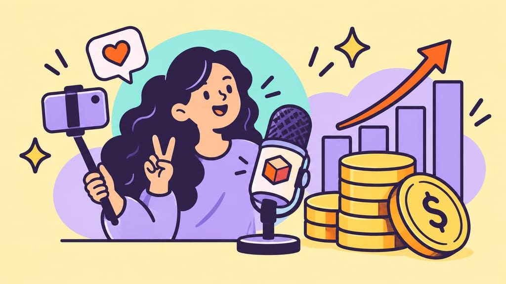 A microphone, spotlight, coins and rising chart illustrate how video creators earn money.