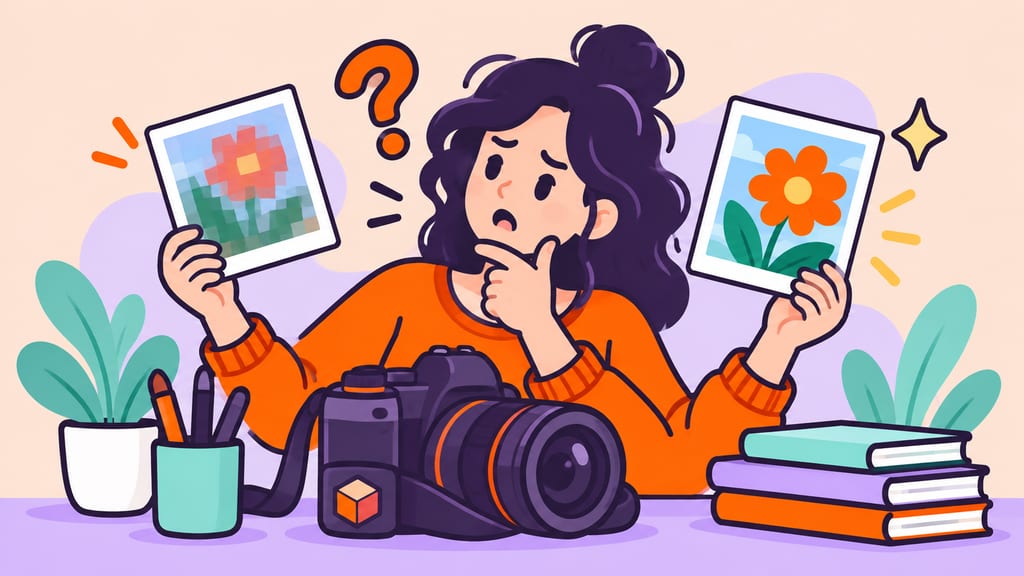 A cartoon photographer compares a pixelated picture with a sharp flower image.
