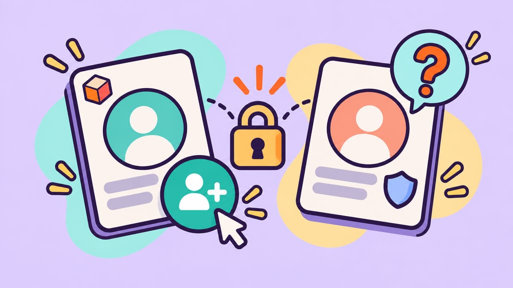 Two profile cards separated by a privacy lock and a friend-request symbol.