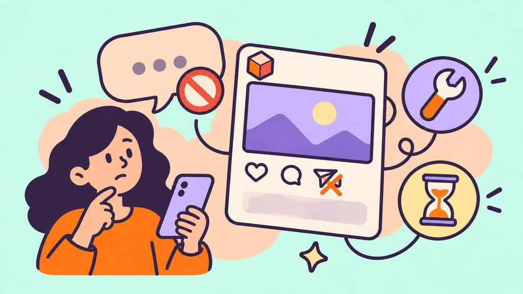 A speech bubble and interrupted sending arrow sit beside a video frame and settings wrench.