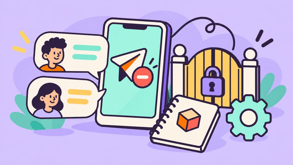 A paper-plane message stops between speech bubbles beside a privacy gate.