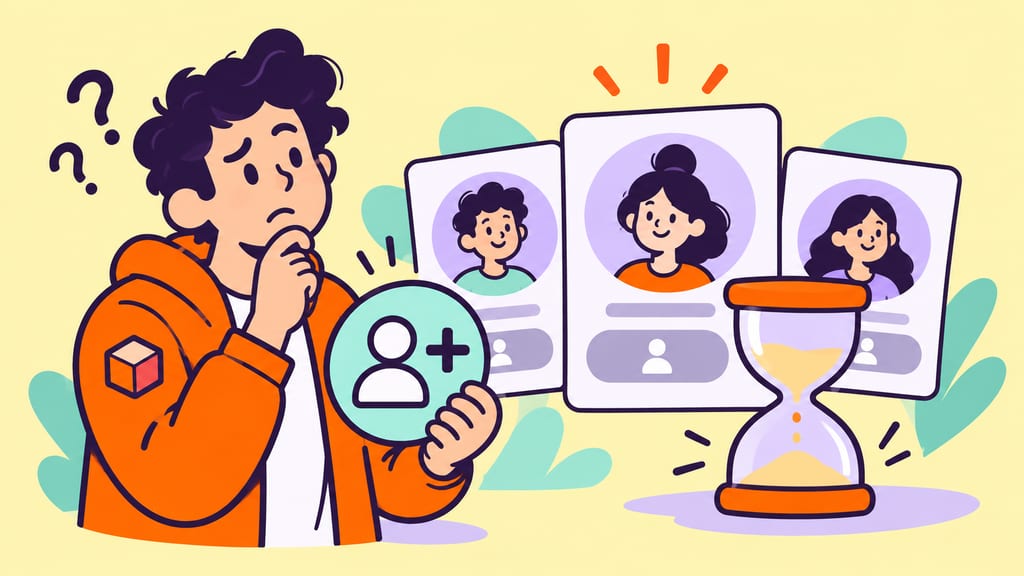 A cartoon adult waits to connect with more profiles beside an hourglass.