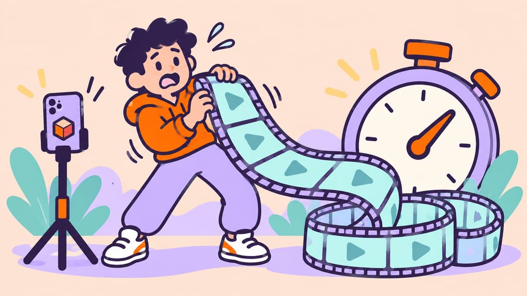 A cartoon filmmaker unrolls a long video strip beside a stopwatch and phone tripod.