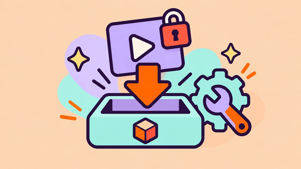 A download arrow waits above a video tray beside a locked clip and settings tool.
