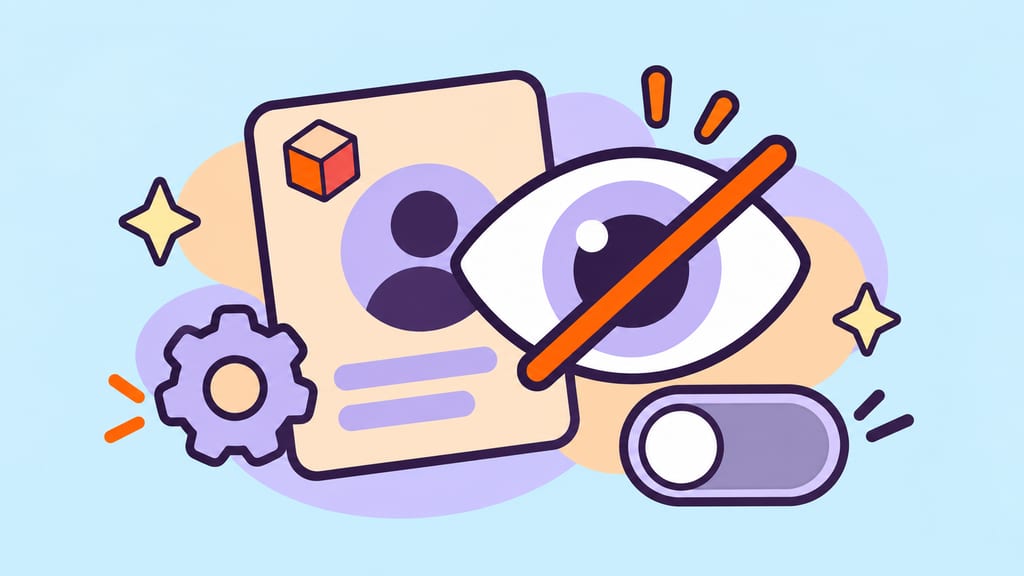 An eye-shaped lens examines a profile card beside a disabled toggle and settings cog.