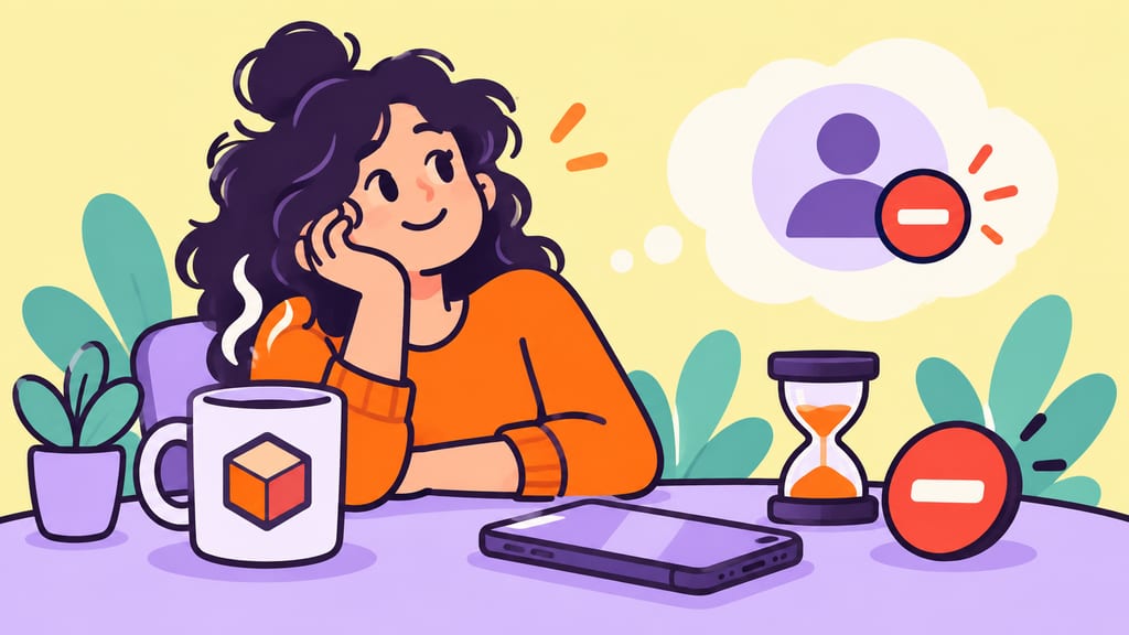 A cartoon adult takes a tea break while waiting for an unfollow restriction to clear.
