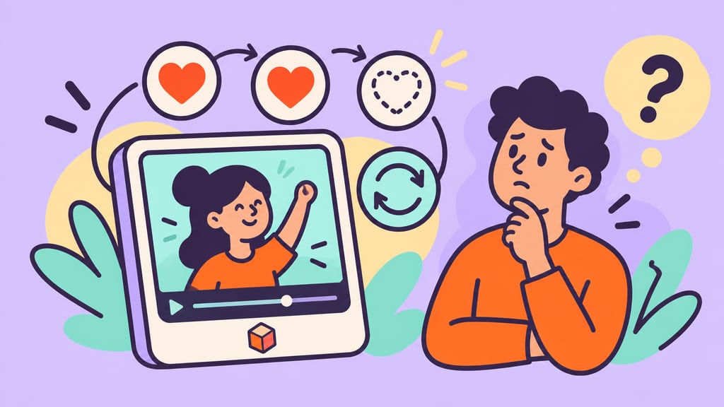 A heart reaction becomes an outline above a video frame beside a refresh arrow.