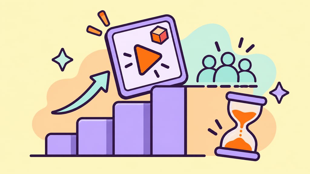 A video tile sits on a chart that levels off beside a small audience and hourglass.