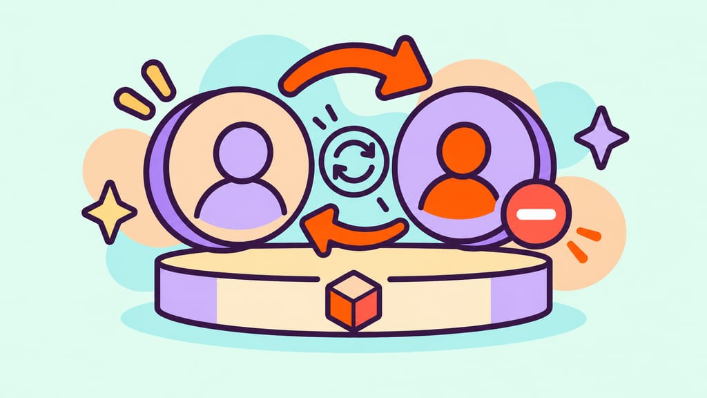 Two profile tokens connect through an arrow that loops back, illustrating automatic unfollowing.