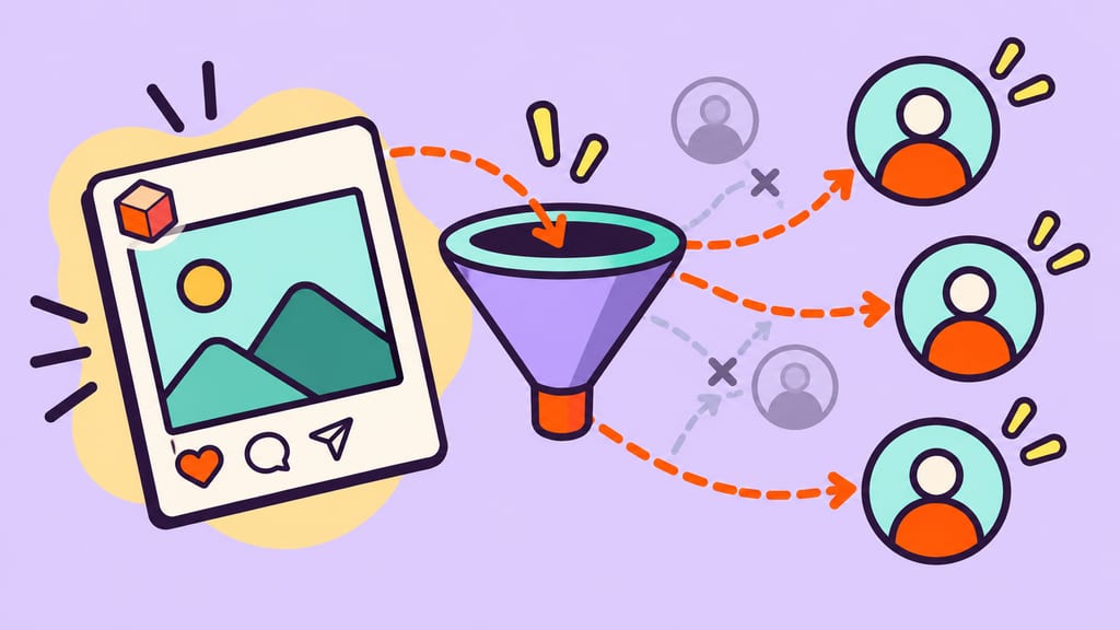 A picture reaches audience tokens through a sorting funnel, illustrating feed distribution.