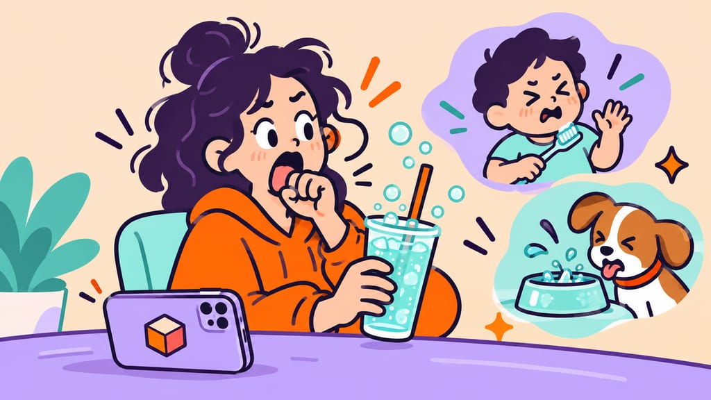 A cartoon adult reacts with surprise to a fizzy drink as bubbles rise from the cup.