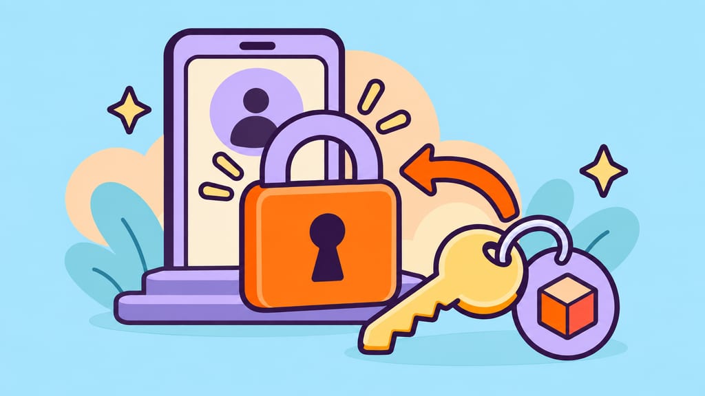A locked account doorway beside a recovery key and return arrow.