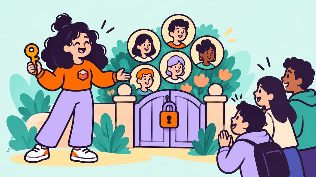 A cartoon adult controls access to a garden of profile portraits with a privacy gate.