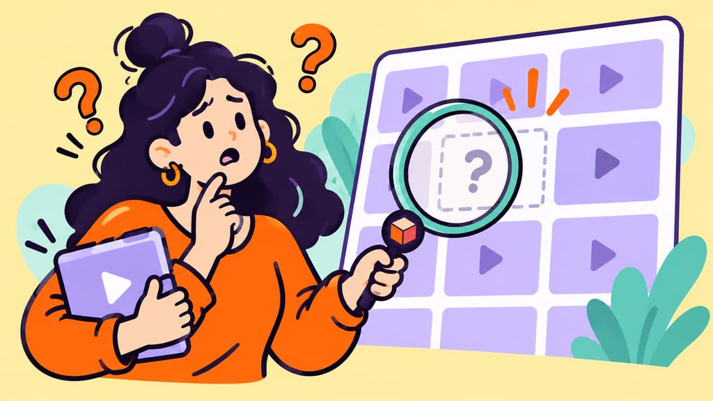 A cartoon creator searches a grid of video thumbnails for a missing clip.