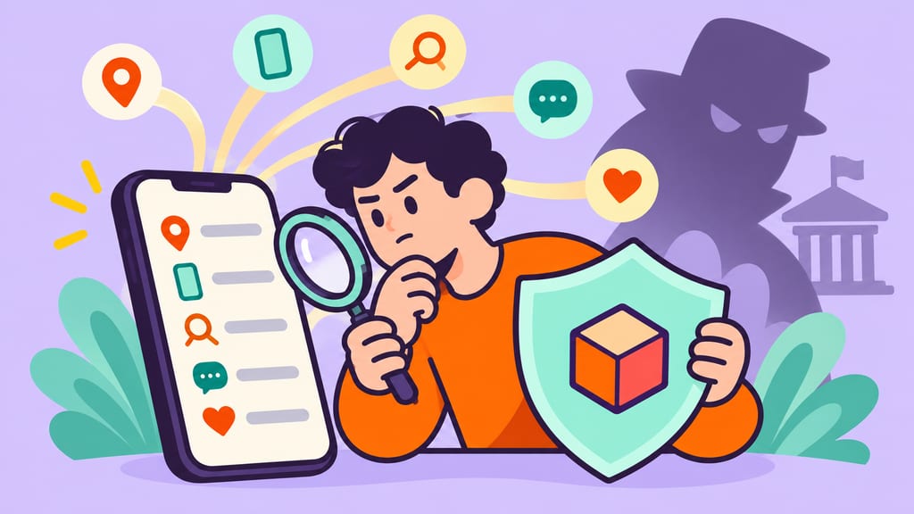 A cartoon adult inspects phone permissions while holding a protective shield.