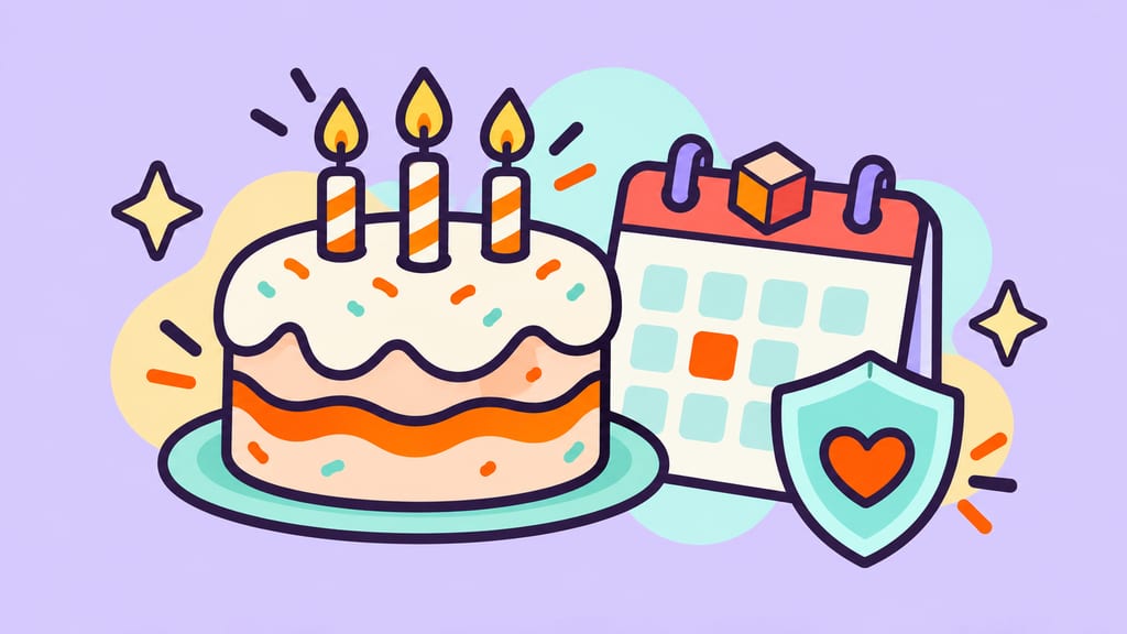 A birthday cake, calendar and privacy shield illustrate age verification.